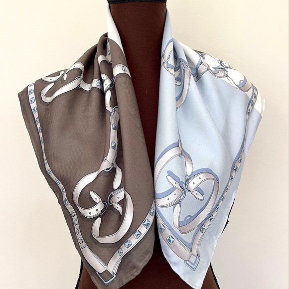 New Gucci Logo Chains Color-Block Brown Blue Silk Scarf - Picture 2 of 12